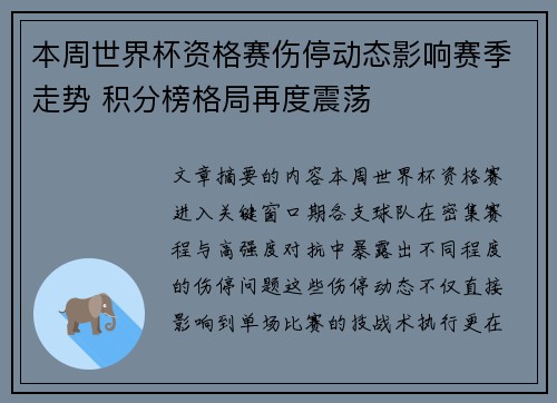 本周世界杯资格赛伤停动态影响赛季走势 积分榜格局再度震荡